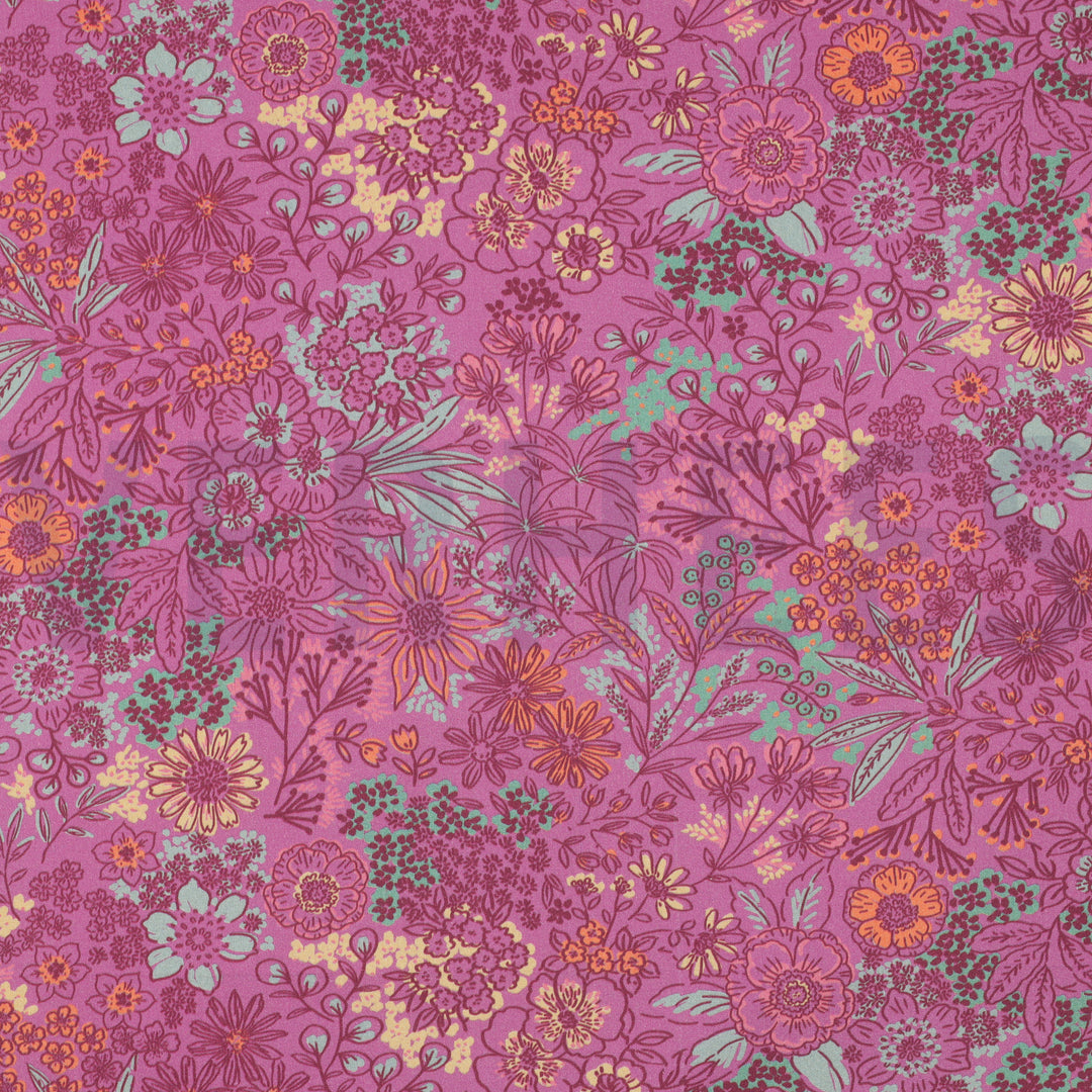 Fine Poplin Digital Flowers Floral dressmaking fabric by Poppy. Pink and petrol blue, Per 1/2m