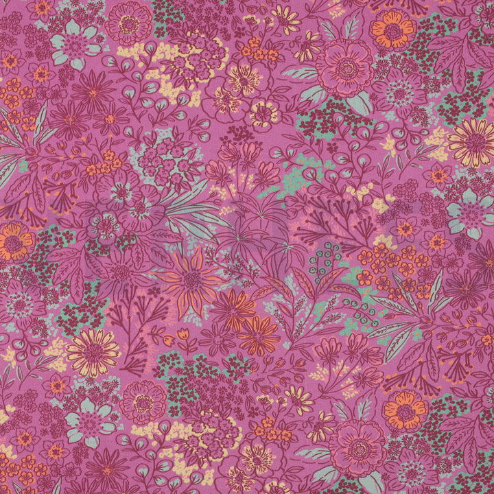 Fine Poplin Digital Flowers Floral dressmaking fabric by Poppy. Pink and petrol blue, Per 1/2m