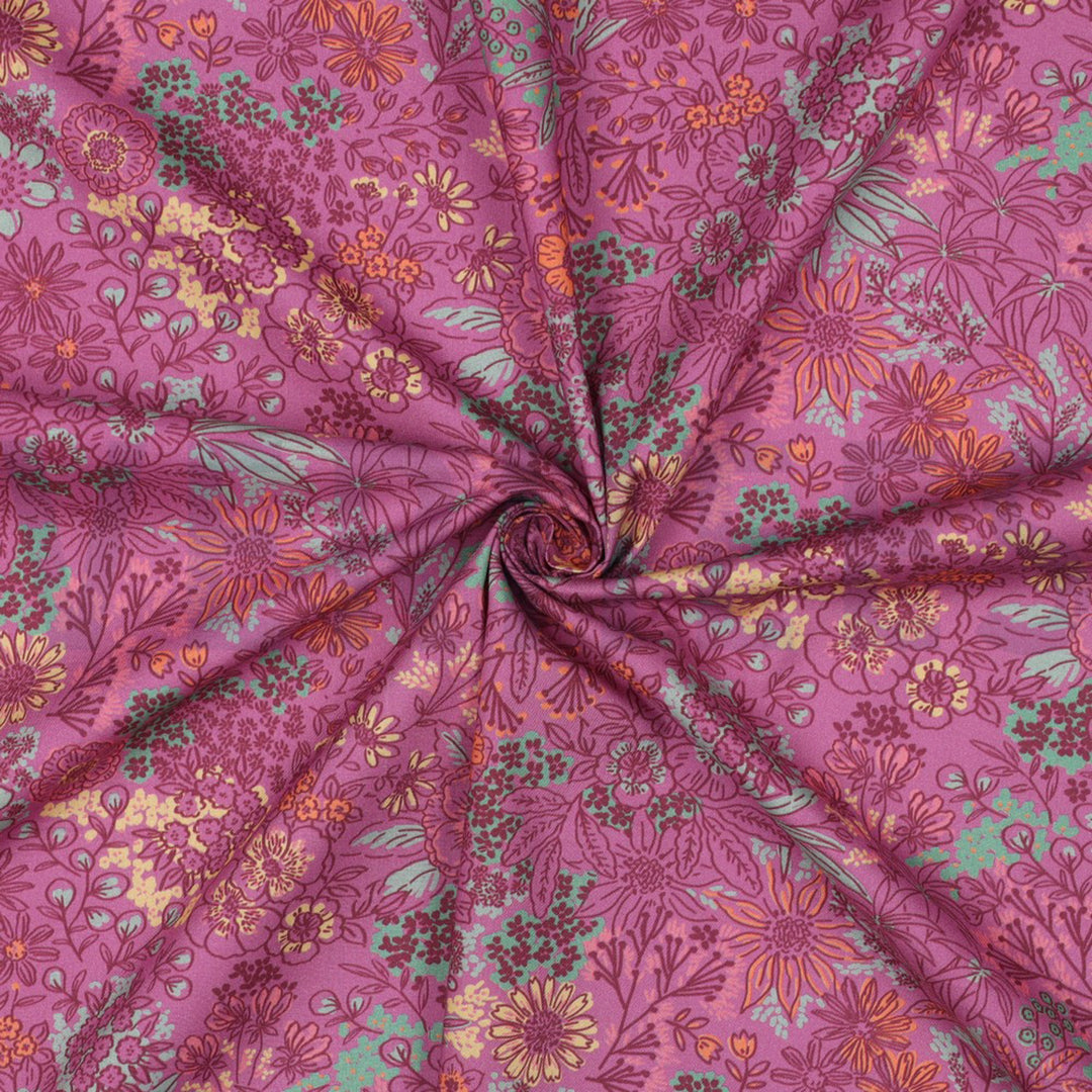 Fine Poplin Digital Flowers Floral dressmaking fabric by Poppy. Pink and petrol blue, Per 1/2m