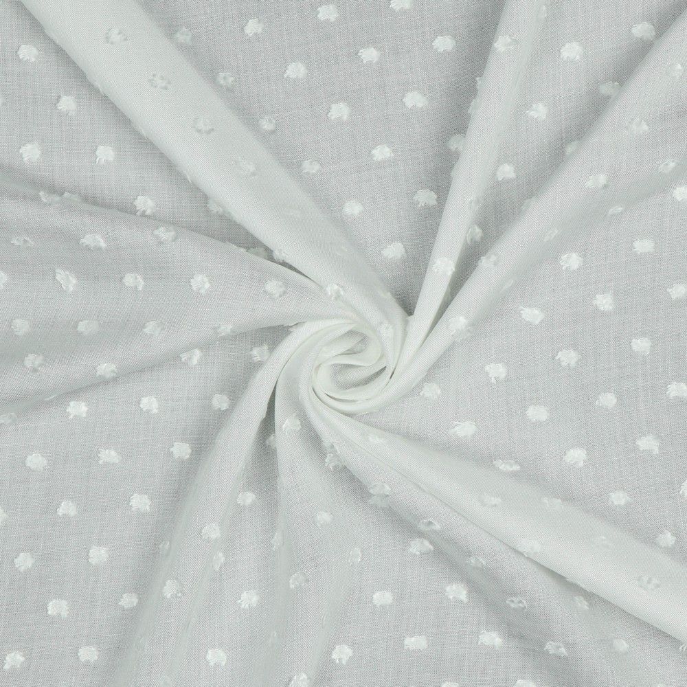 Viscose dobby textured spot polkadot dress fabric. Sage green and white