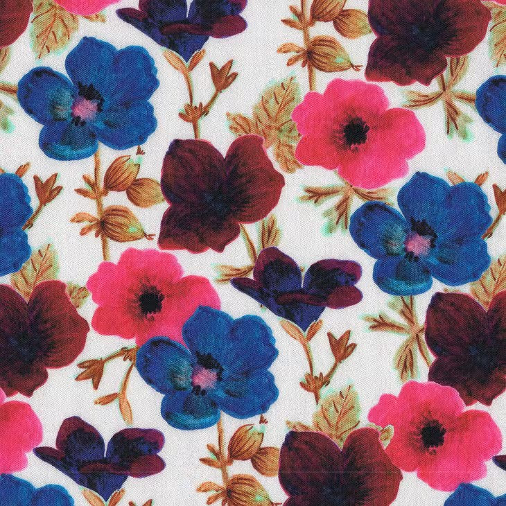 Sweet Sixteen collection 100% viscose floral woven challis fabric. By Cousette. Per 1/2m