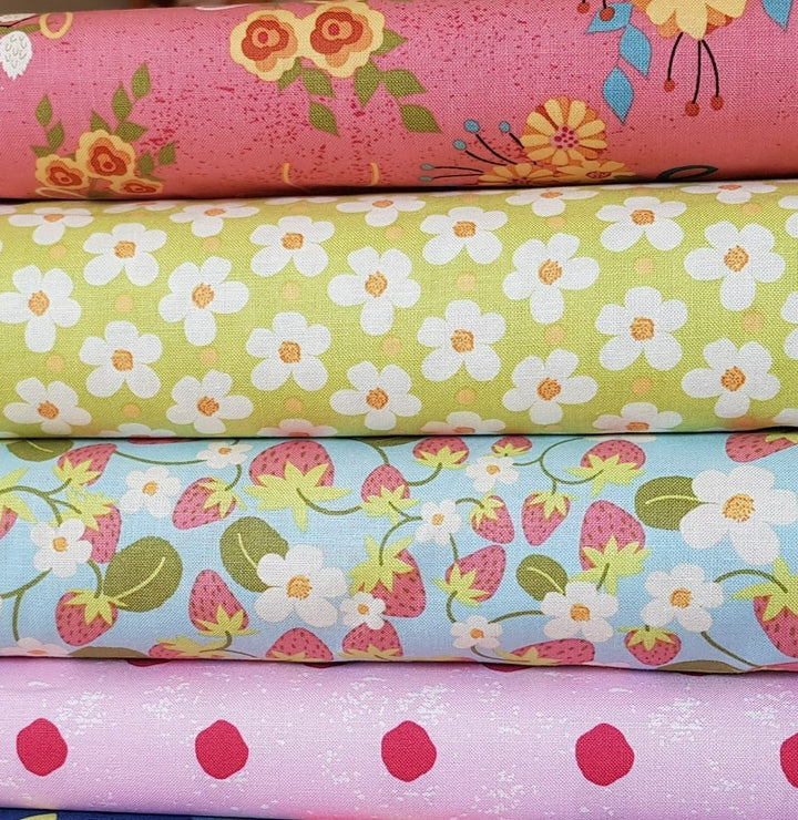 Strawberry Jam cotton fabric by Riley Blake. Pink, green daisy floral. Per 1/2M