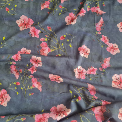 Floral Navy Blue 100% Viscose Challis digitally printed dress fabric per 1/2m