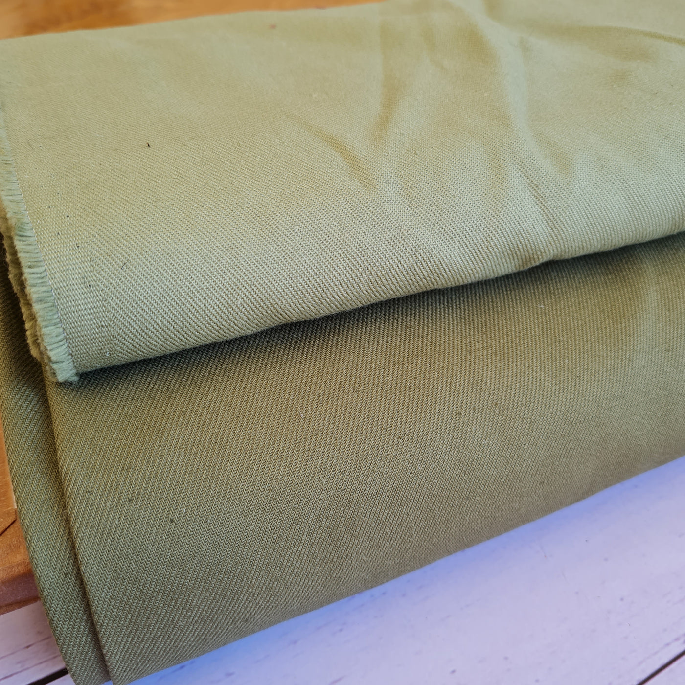 Ice brown/ Verbena/ Khaki green cotton gabardine twill. By Cousette, France. Per 1/2m