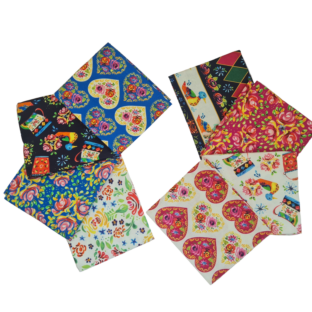 Colorful fabric swatches with floral and heart pattern fat quarter bundle organic cotton