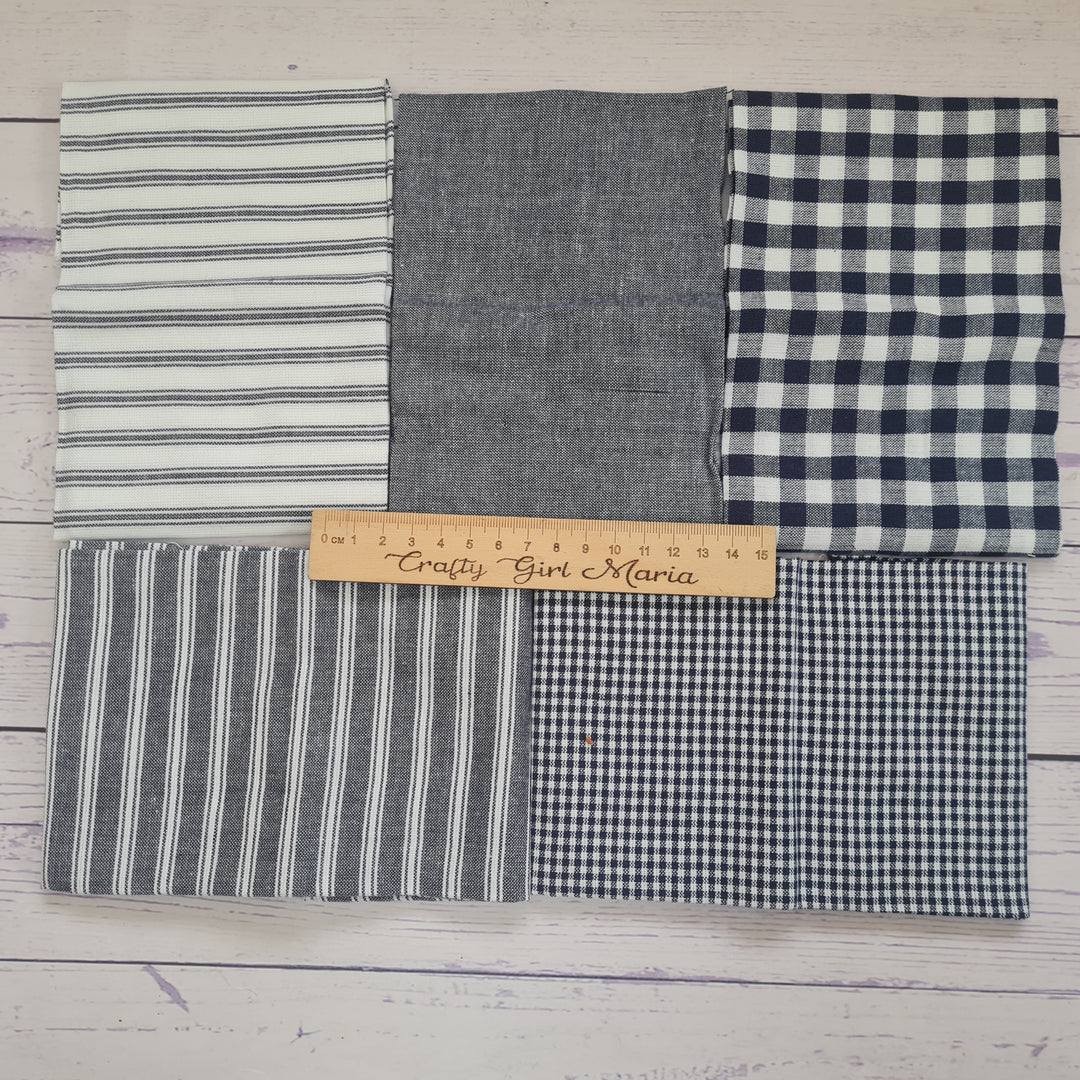 Navy Blue White Check/Plaid Ticking Stripe fat quarter bundle quilting craft cotton fabric