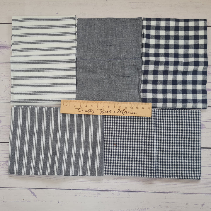 Navy Blue White Check/Plaid Ticking Stripe fat quarter bundle quilting craft cotton fabric