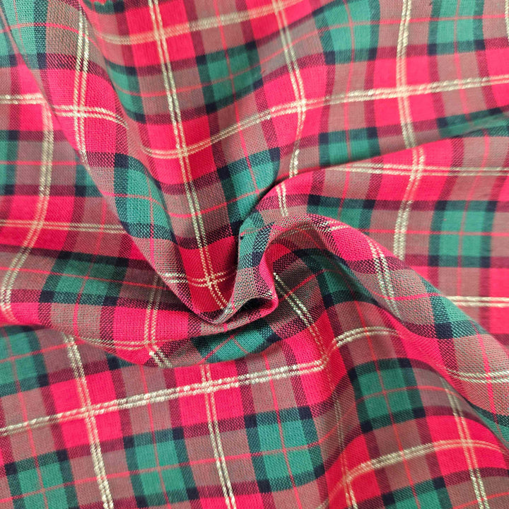 Tartan/Plaid 100% cotton: Red Green Metallic fabric. Sold per 1/2m