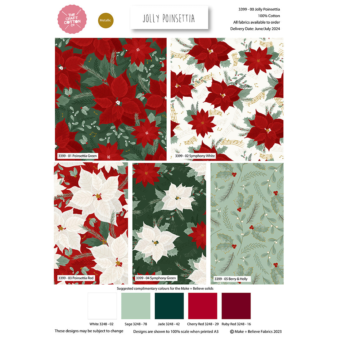 Jolly Poinsettia Christmas metallic cotton fat quarter bundle of 5 quilting fabrics.