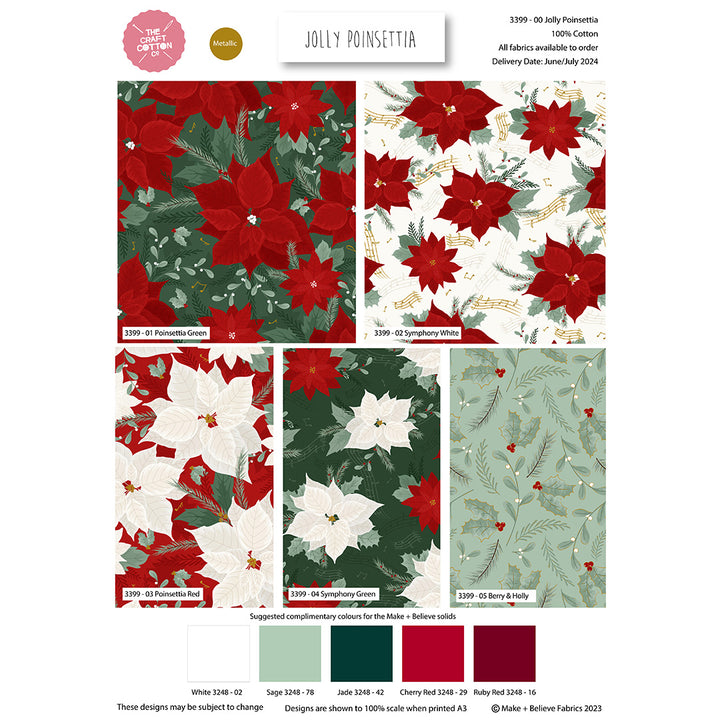 Jolly Poinsettia Christmas metallic cotton fat quarter bundle of 5 quilting fabrics.
