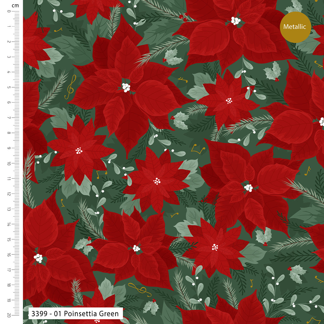 Jolly Poinsettia Christmas metallic cotton fat quarter bundle of 5 quilting fabrics.