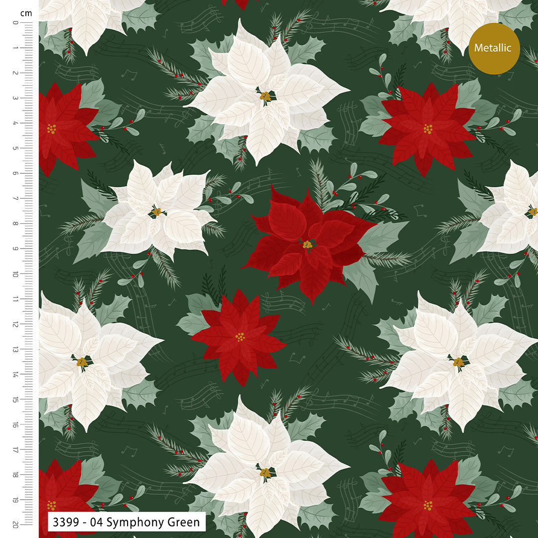 Jolly Poinsettia Christmas metallic cotton fat quarter bundle of 5 quilting fabrics.