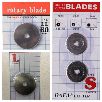 Rotary Cutter Blades: DAFA. 28 mm (x 2) 45 mm (x1). Roller Cutter blades L-type, straight cut.