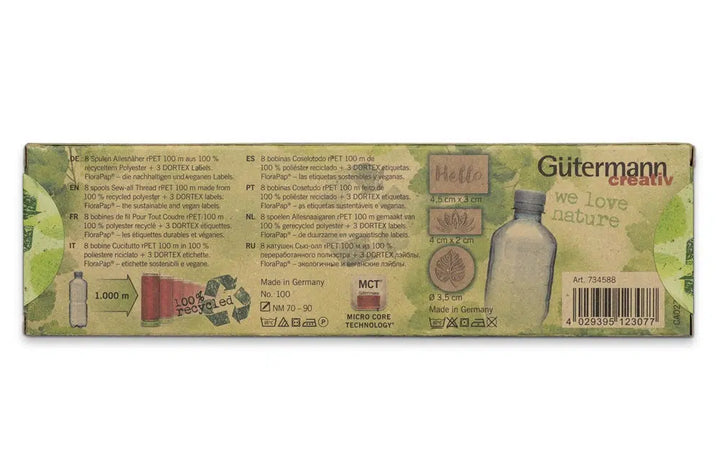 Gutermann Sew-All 100% Recycled Polyester Assortment Sewing Thread Set 100mtr x 8 reels PLUS Sew in Labels