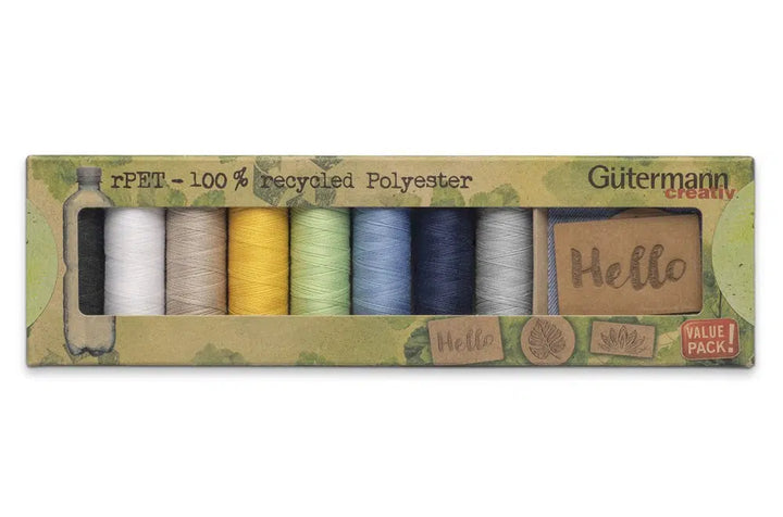 Gutermann Sew-All 100% Recycled Polyester Assortment Sewing Thread Set 100mtr x 8 reels PLUS Sew in Labels