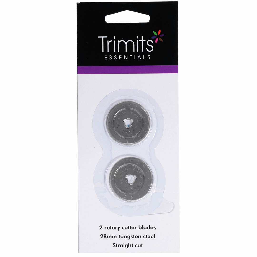Rotary Cutter Blades: Trimits. 28 mm (2 pack), 45 mm (x1). Tungsten steel, straight cut.