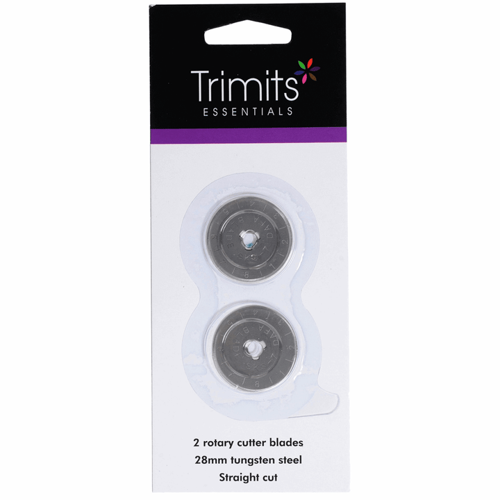 Rotary Cutter Blades: Trimits. 28 mm (2 pack), 45 mm (x1). Tungsten steel, straight cut.