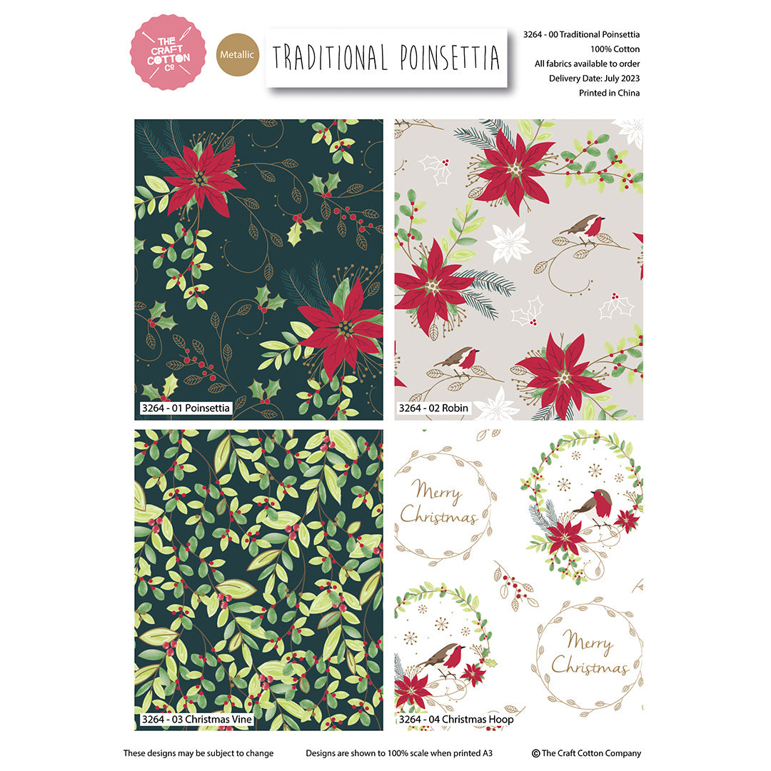 Traditional Poinsettia Christmas cotton fat quarter bundle of 4 quilting fabrics.