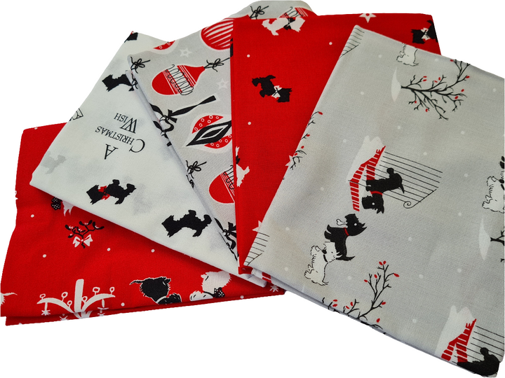 Scottie dog V&A Christmas fat quarter bundle of 5 quilting cotton Fabrics.