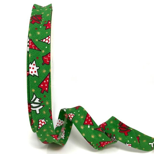 Christmas themed 18mm/30 mm bias binding. Green, white, red.  Bunting making. Per Metre