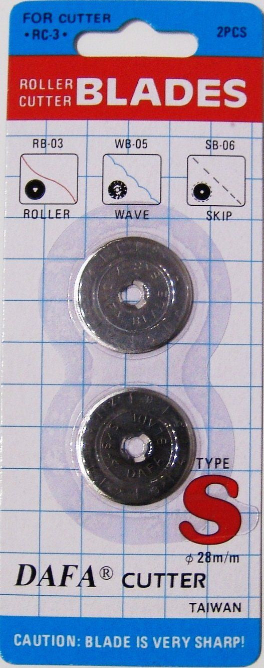 Rotary Cutter Blades: DAFA. 28 mm (x 2) 45 mm (x1). Roller Cutter blades L-type, straight cut.
