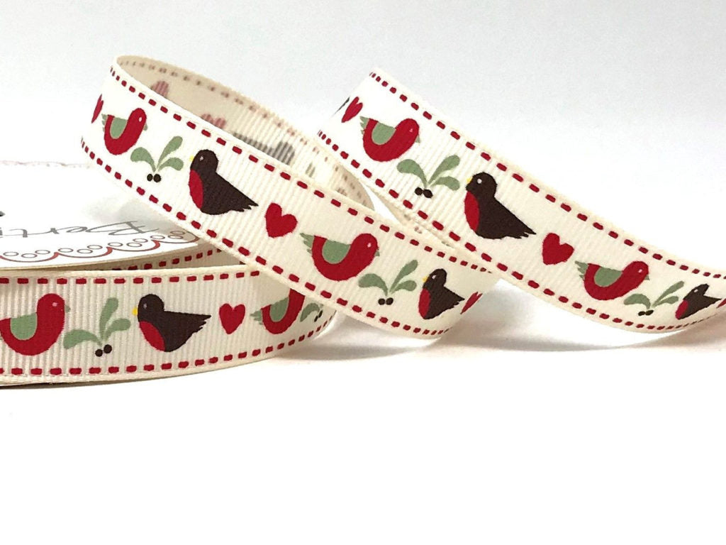 Christmas ribbon by Bertie's Bows. 9-16mm wide 3m/5m - scandi, robins, trees