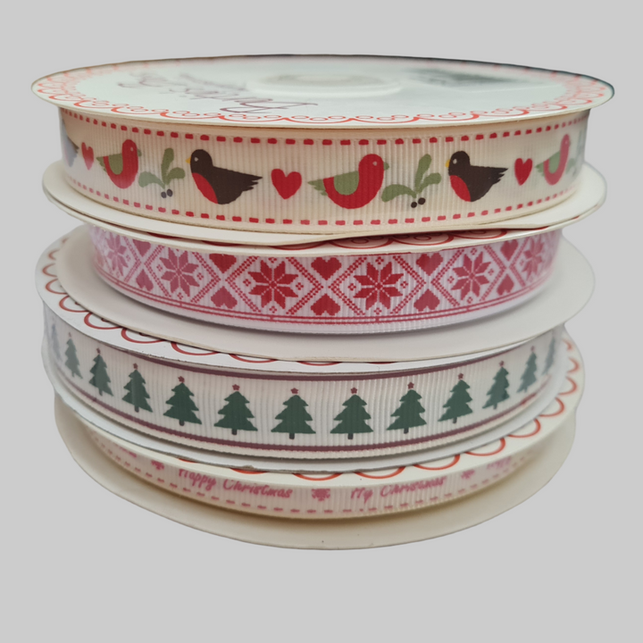 Christmas ribbon by Bertie's Bows. 9-16mm wide 3m/5m - scandi, robins, trees