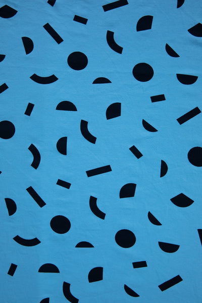 Tilly and the Buttons Blue Geo Organic cotton jersey knit fabric. By the half metre.