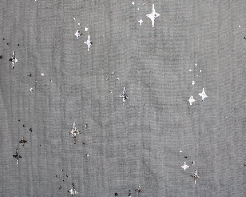 Silver metallic stars Cotton Double Gauze Muslin dress fabric by the half metre.