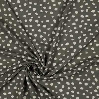 Random dots 100% Viscose Challis dress fabric by the half metre. Navy/green/black.