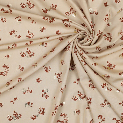 Floral Foil 100% Viscose Challis dress fabric by the half metre. Rose/beige/black.