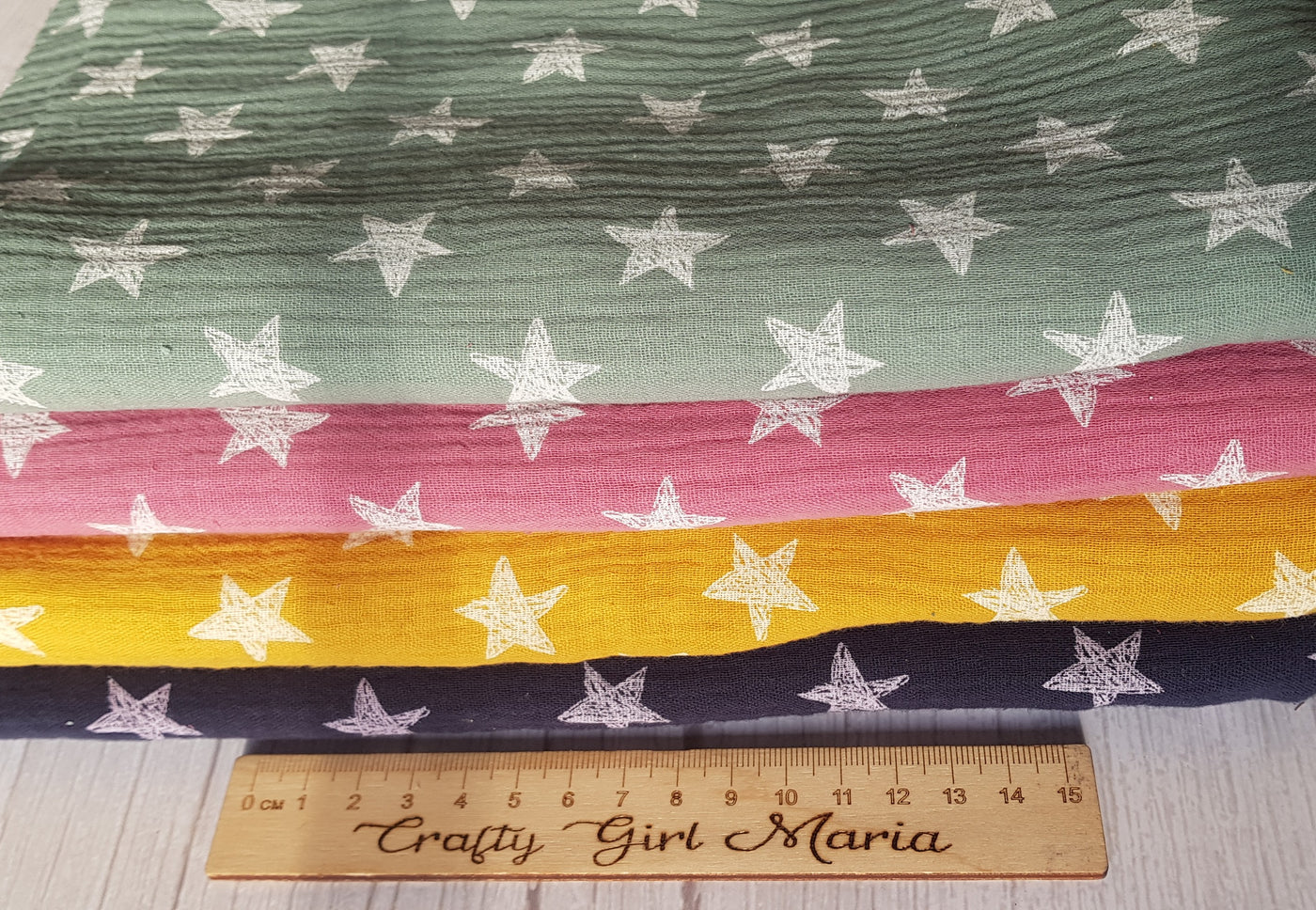 Star Double Gauze Muslin Cotton Fabric.  By the half metre. Sage green, navy blue and dusky pink.