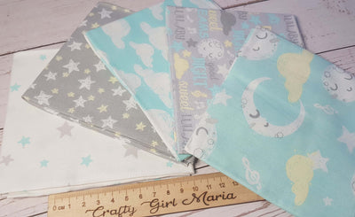 Goodnight pale grey, mint green and white nursery/kids quilting fabric by the fat quarter/metre. Craft Cotton Company.