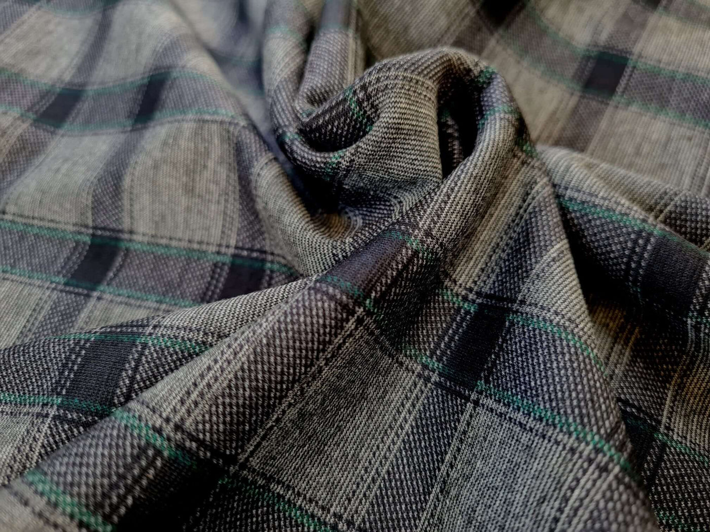 Double knit Ponte Roma jersey grey, navy, green tartan dress fabric.