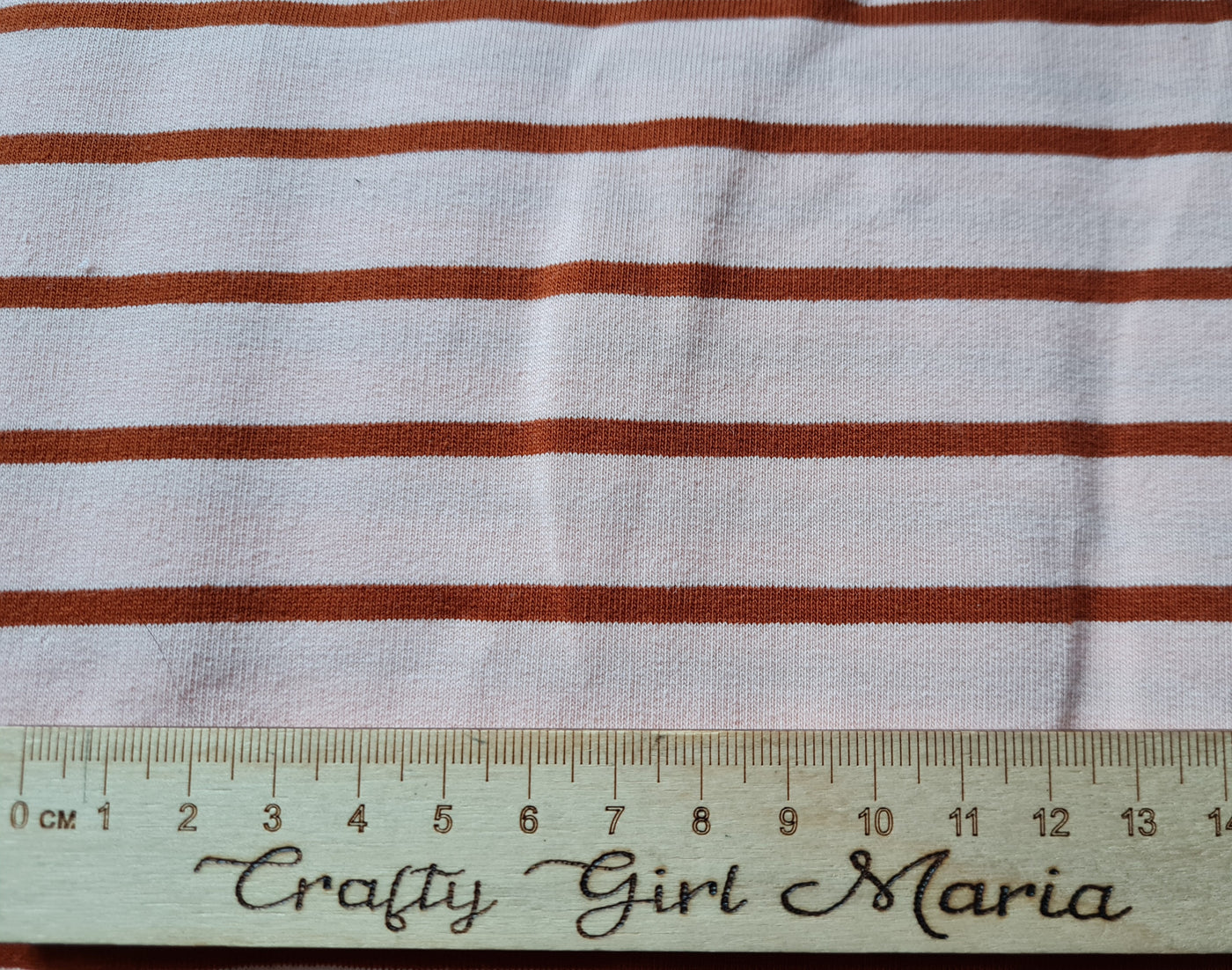 Yarn Dyed French Terry Stripe - powder/brick stretch cotton dressmaking fabric.