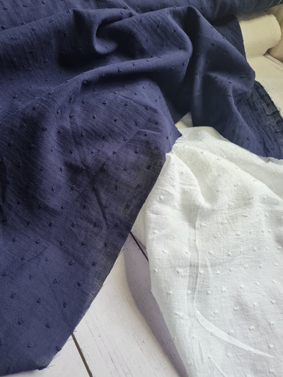 Lightweight Cotton Dobby Spot fabric by the half metre. White, navy blue.