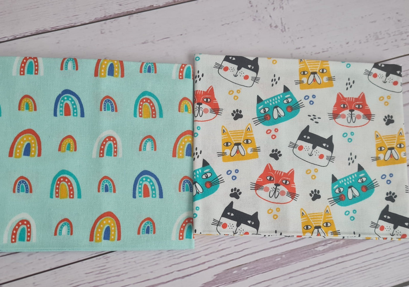 Mochi's Cat Pals: 5 x fat quarter bundle craft cotton quilting fabric. Aqua,  blue, rainbows.
