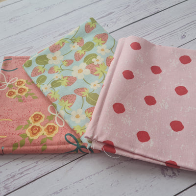 Strawberry Jam cotton fabric. Riley Blake. Pink, green daisy floral, polkadot quilting fabric. Fat quarter bundle or per FQ