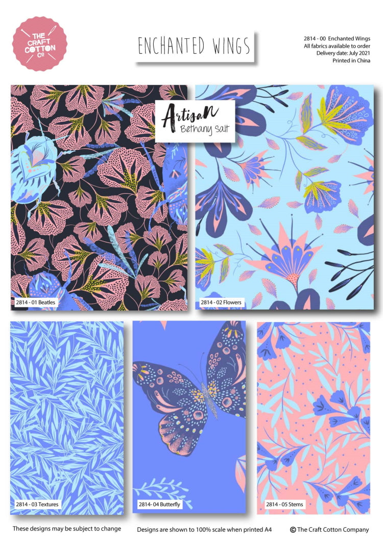 Enchanted Wings bundle of 5 fat quarters. Cotton fabric. Flowers, butterflies.