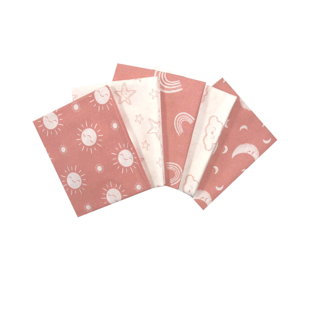 Sky Above blush pink Bundle of 5 cotton fat quarter babies quilting fabrics. Kids, nursery
