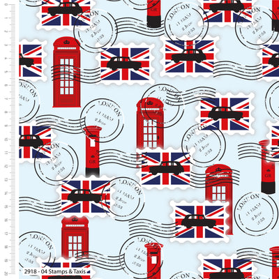 London buses, British stamps and Union Jacks. Queen Jubilee cotton quilting fabric.