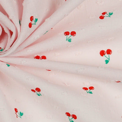 Lightweight Cherry Cotton Dobby Spot fabric by the half metre. Pink, red.