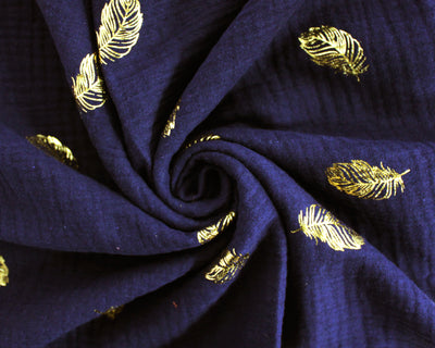 Metallic gold Feathers by Poppy double gauze dress fabric by the half metre. 100% cotton muslin