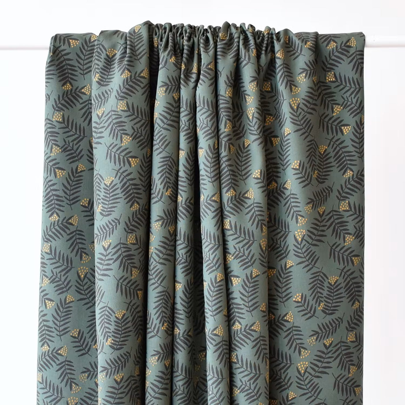 Smoke Green/cream Twigs Rameaux 100% viscose woven dressmaking fabric. By Cousette. Per 1/2m