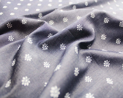 4.5 oz Dark Blue Denim Colour Chambray Floral 100% cotton fabric by the half metre.