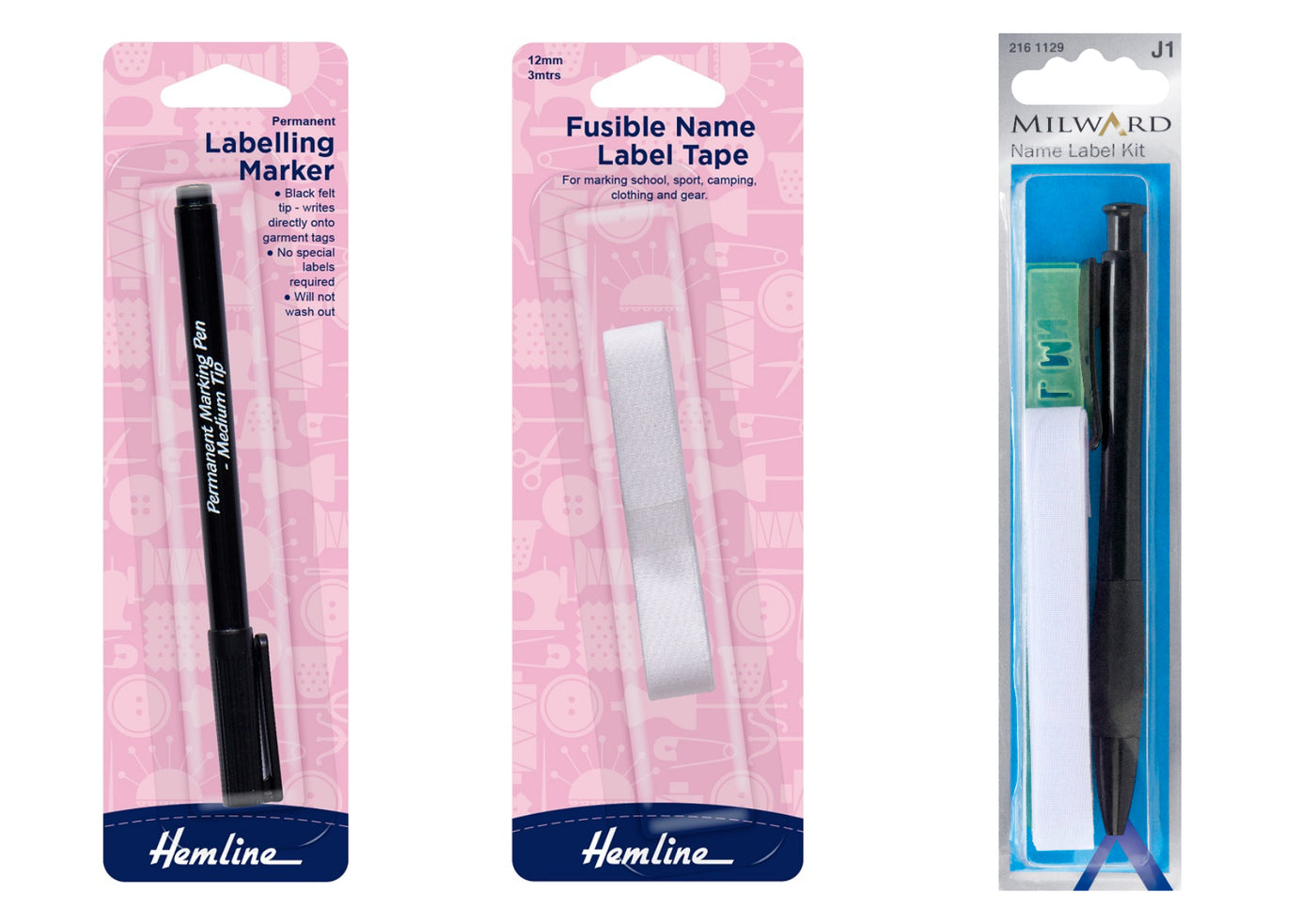 Iron-on name label tape/permanent label pen/pen set. Marking school and sports wear.