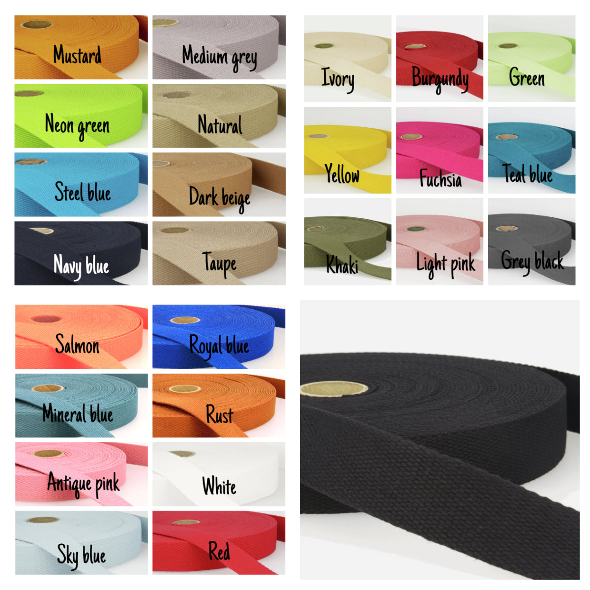 25 mm /30mm Solid Plain Cotton Stephanoise Webbing bag strapping. Per metre.