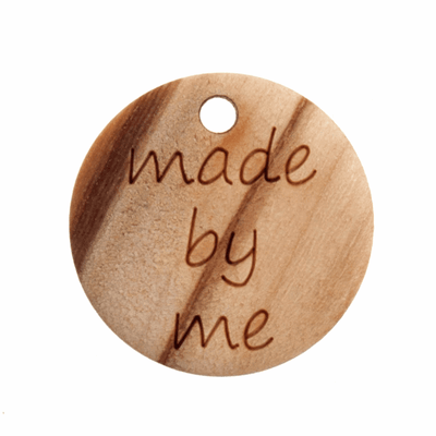 4 x Wooden "hand made", "made by me/with love" Button sewing label tag 18mm