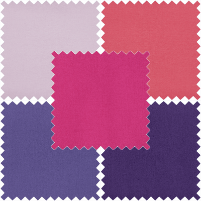 Bundle Of 5 Plain/Solid Cotton Fat Quarters: pink and purple colours. Quilting Cottons by Trimits.