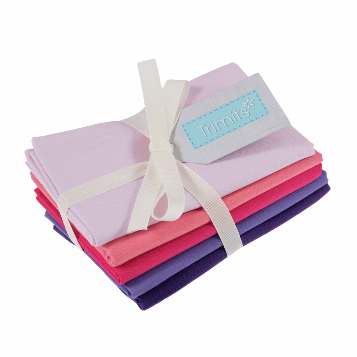Bundle Of 5 Plain/Solid Cotton Fat Quarters: pink and purple colours. Quilting Cottons by Trimits.